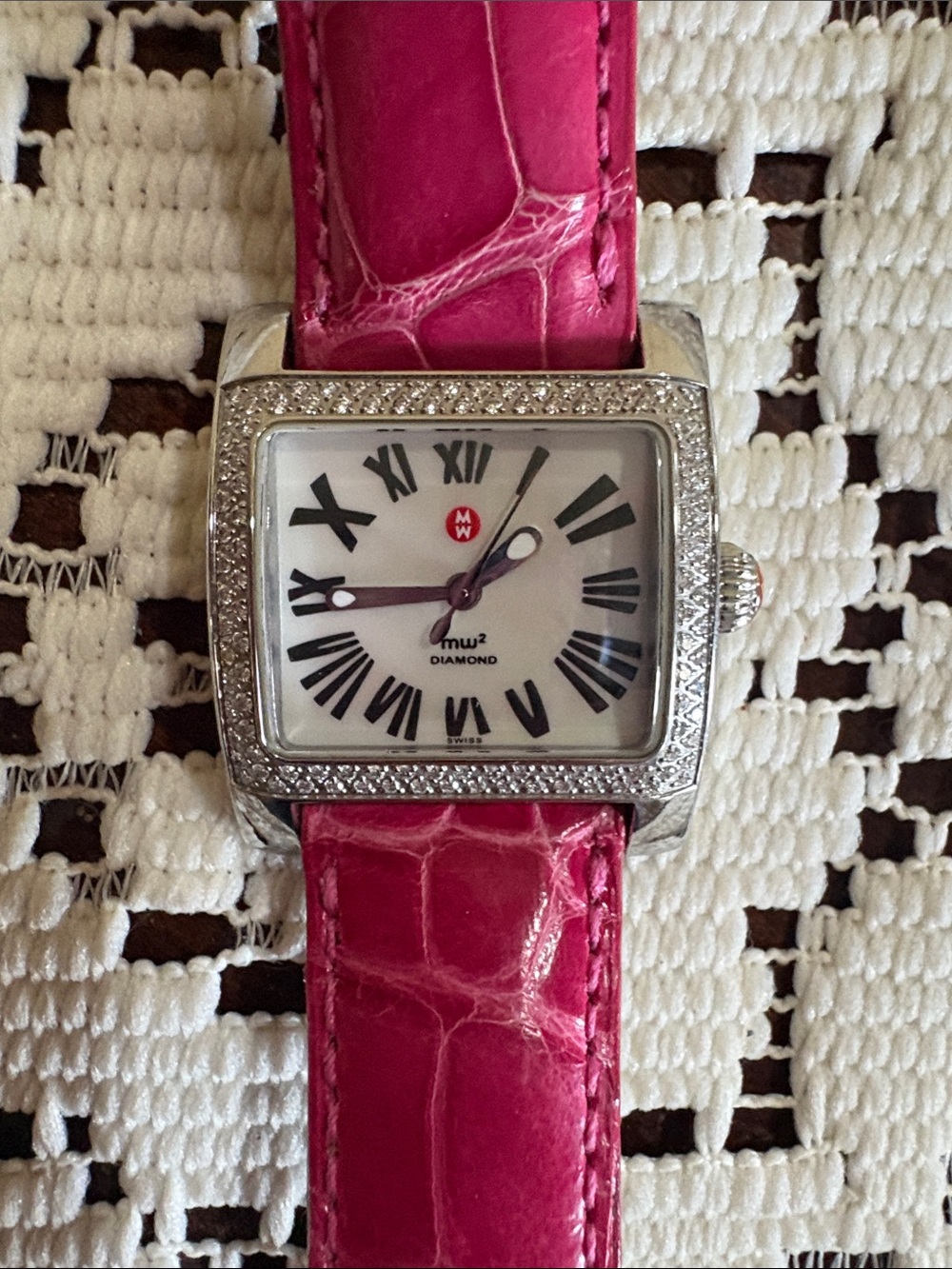 Michele MW2 Square Diamond Watch with Pink Alligator Strap